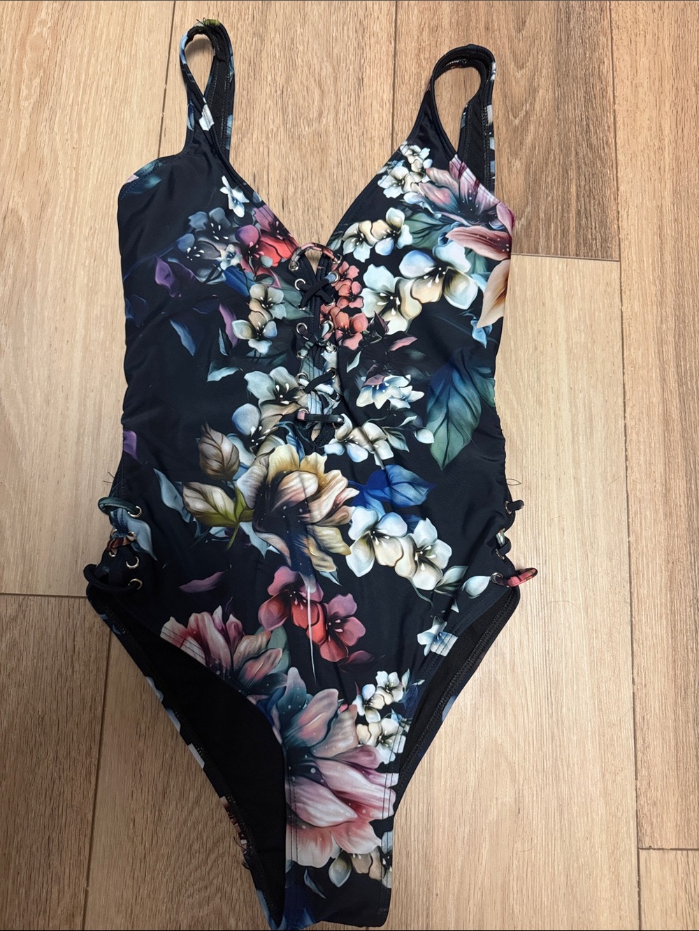 TINIBIKINI NWT M NAVY BLACK SEXY CORSET Floral Lace-Up One-Piece Swimsuit